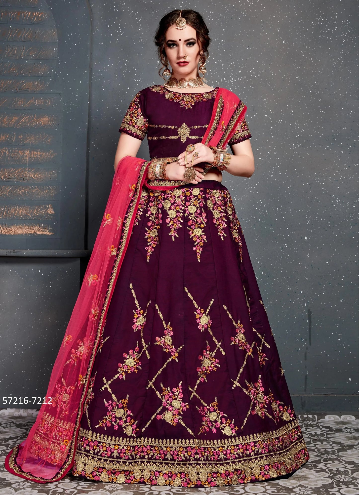 Purple Taffeta Satin Silk Embroidered Festive-Wear Traditional Lehenga Choli