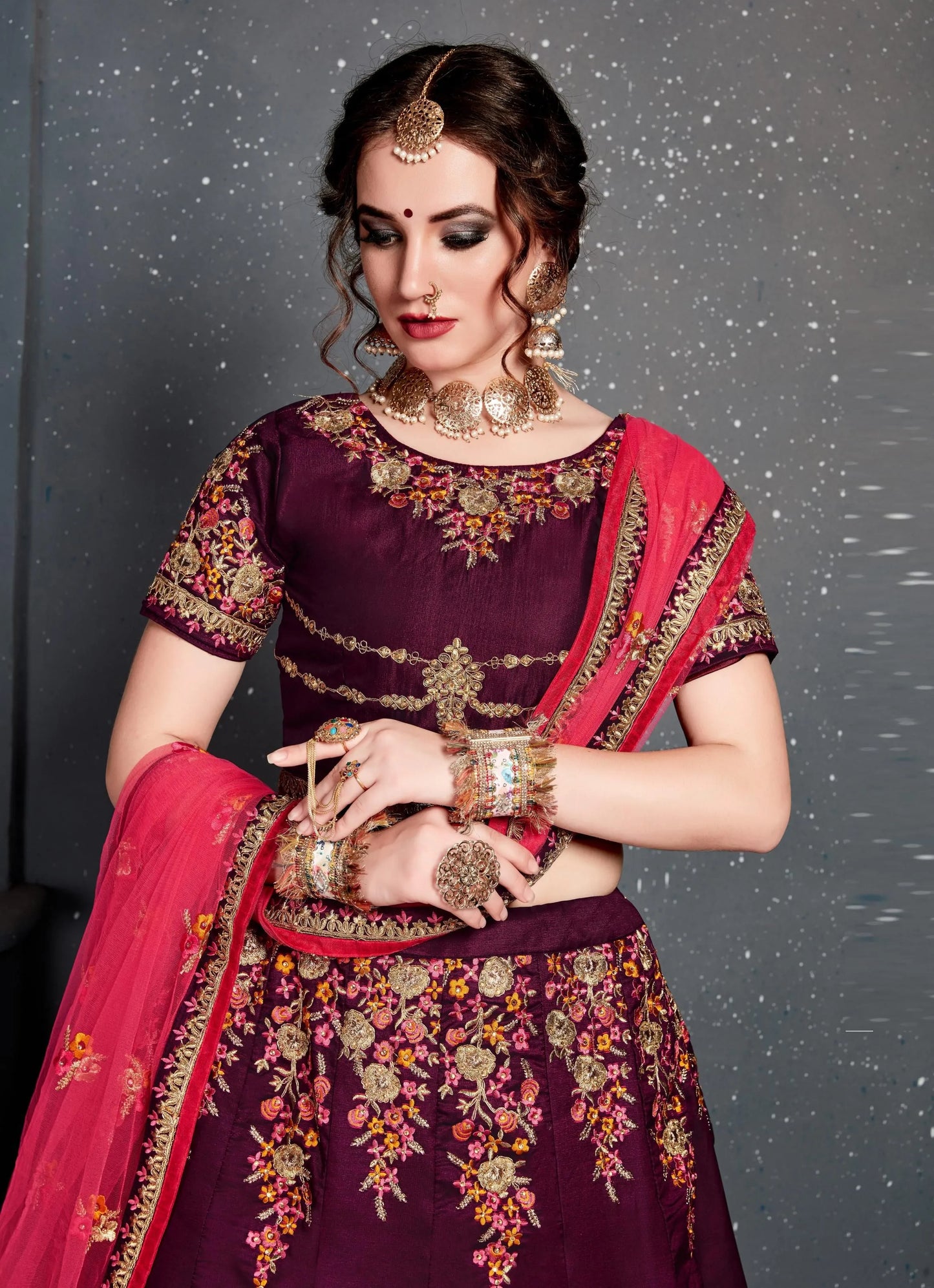 Purple Taffeta Satin Silk Embroidered Festive-Wear Traditional Lehenga Choli