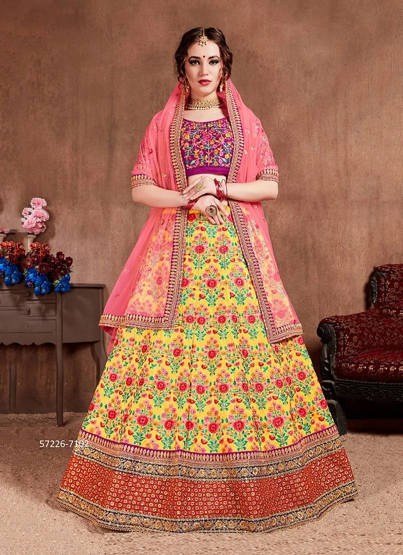 Yellow Mulberry Silk Embroidered Wedding-Wear Traditional Lehenga Choli
