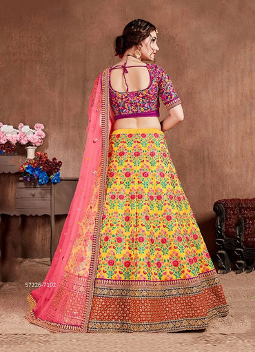 Yellow Mulberry Silk Embroidered Wedding-Wear Traditional Lehenga Choli