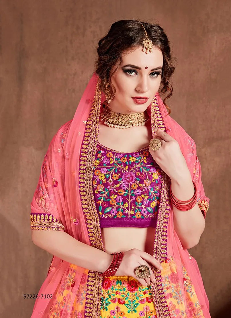 Yellow Mulberry Silk Embroidered Wedding-Wear Traditional Lehenga Choli