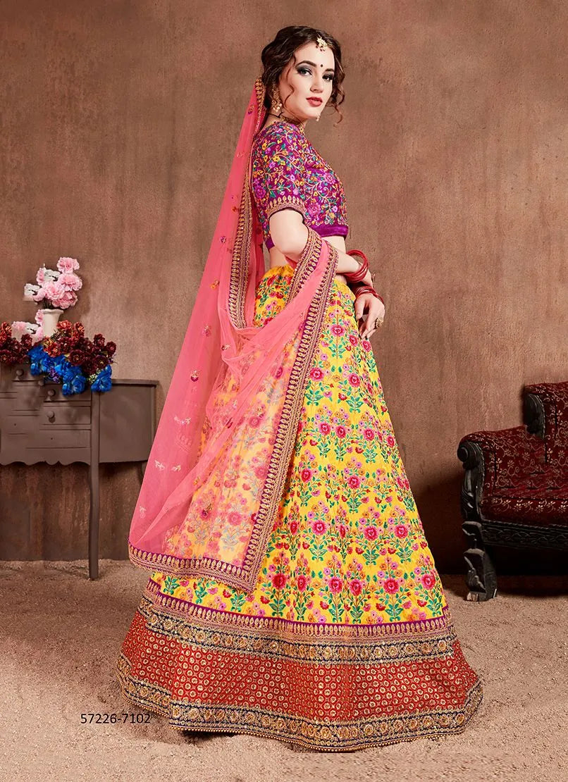 Yellow Mulberry Silk Embroidered Wedding-Wear Traditional Lehenga Choli