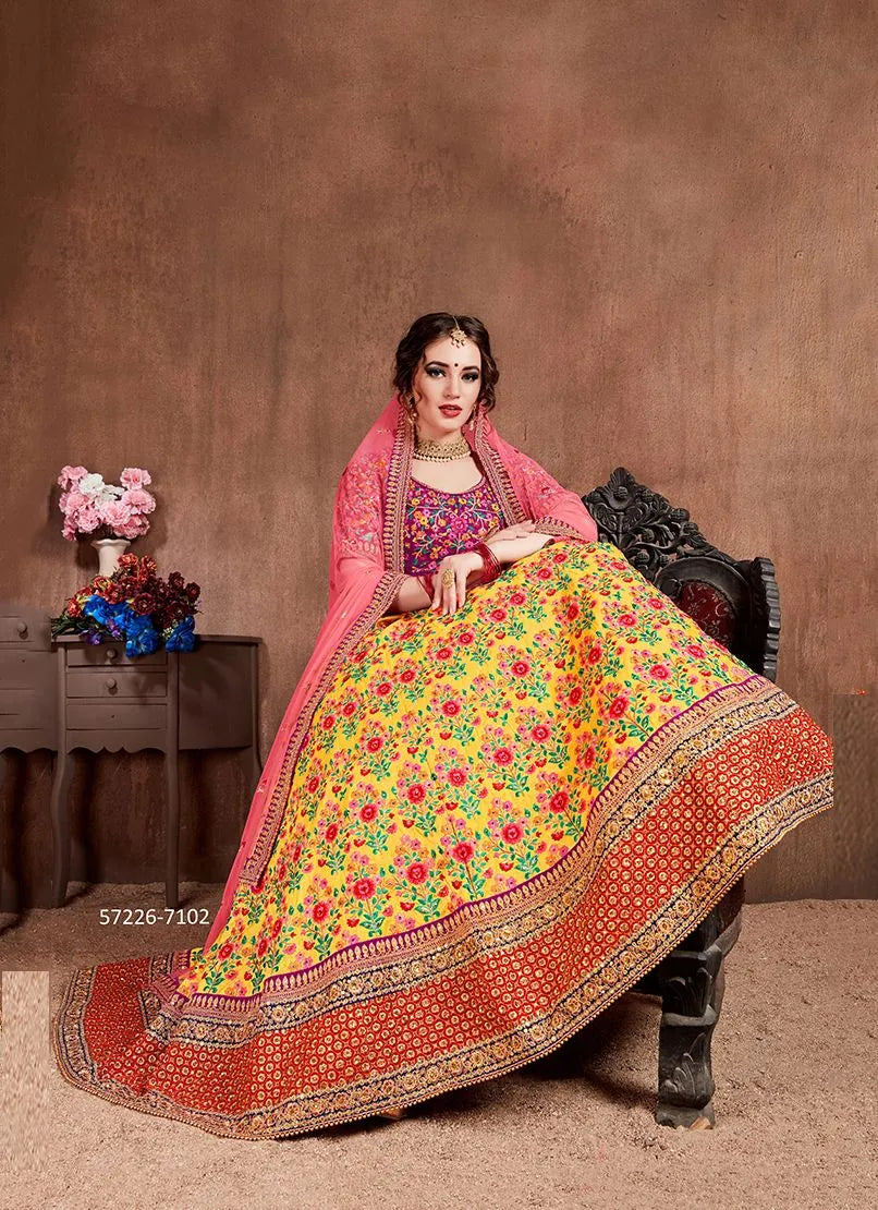 Yellow Mulberry Silk Embroidered Wedding-Wear Traditional Lehenga Choli