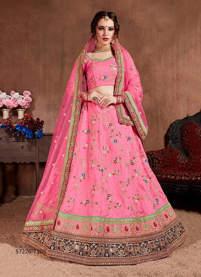 Pink Art Silk Embroidered Wedding-Wear Traditional Lehenga Choli