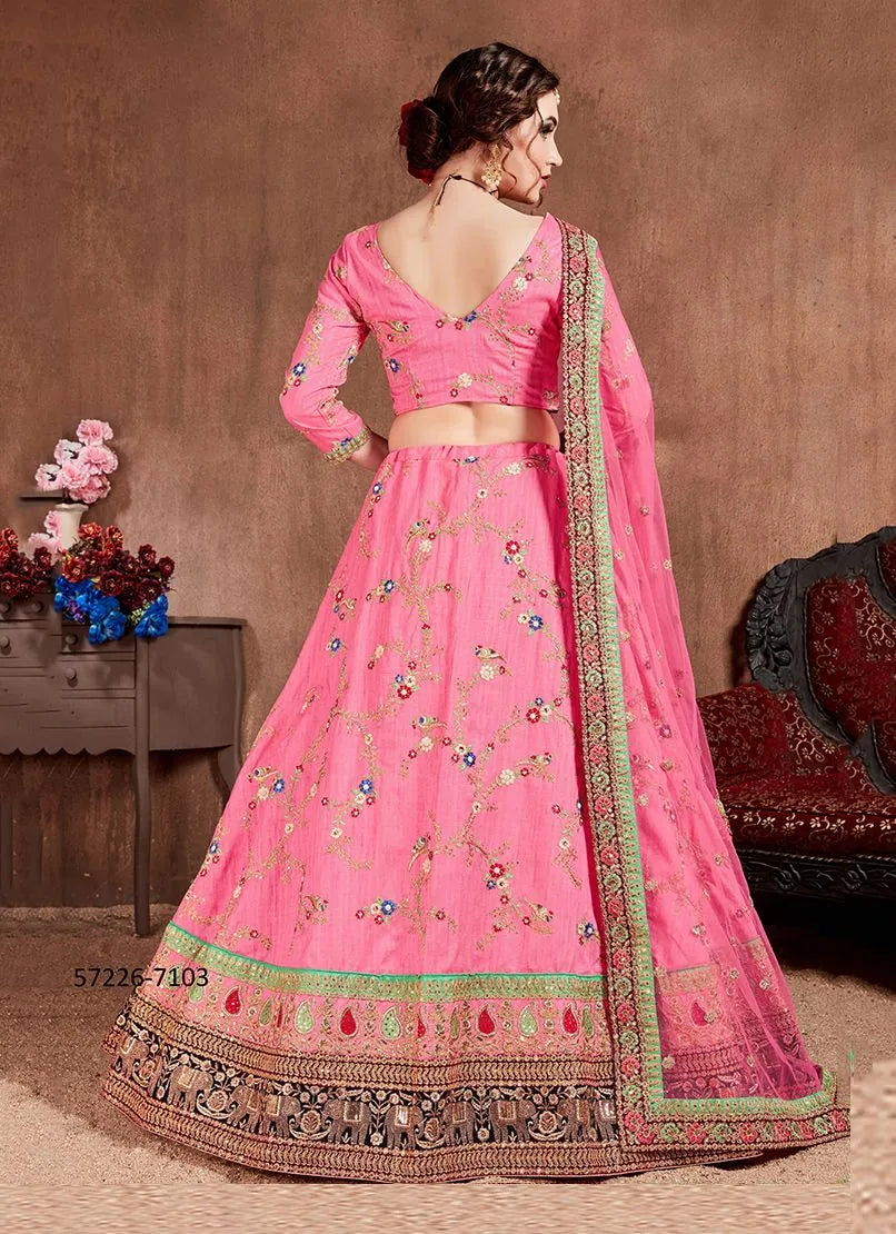 Pink Art Silk Embroidered Wedding-Wear Traditional Lehenga Choli