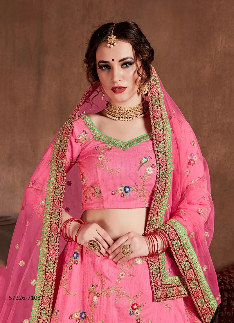 Pink Art Silk Embroidered Wedding-Wear Traditional Lehenga Choli