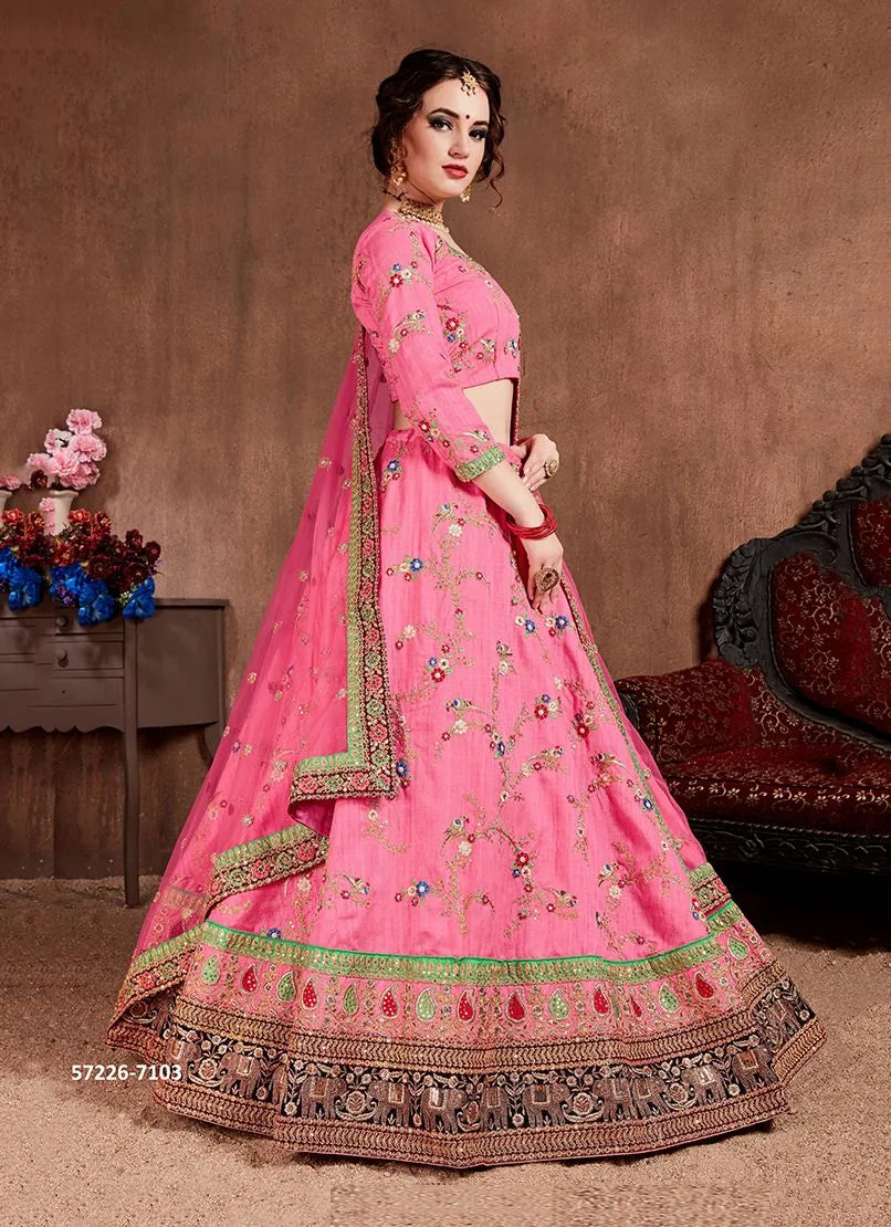 Pink Art Silk Embroidered Wedding-Wear Traditional Lehenga Choli