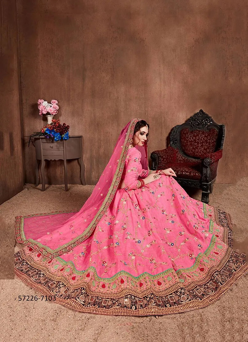 Pink Art Silk Embroidered Wedding-Wear Traditional Lehenga Choli