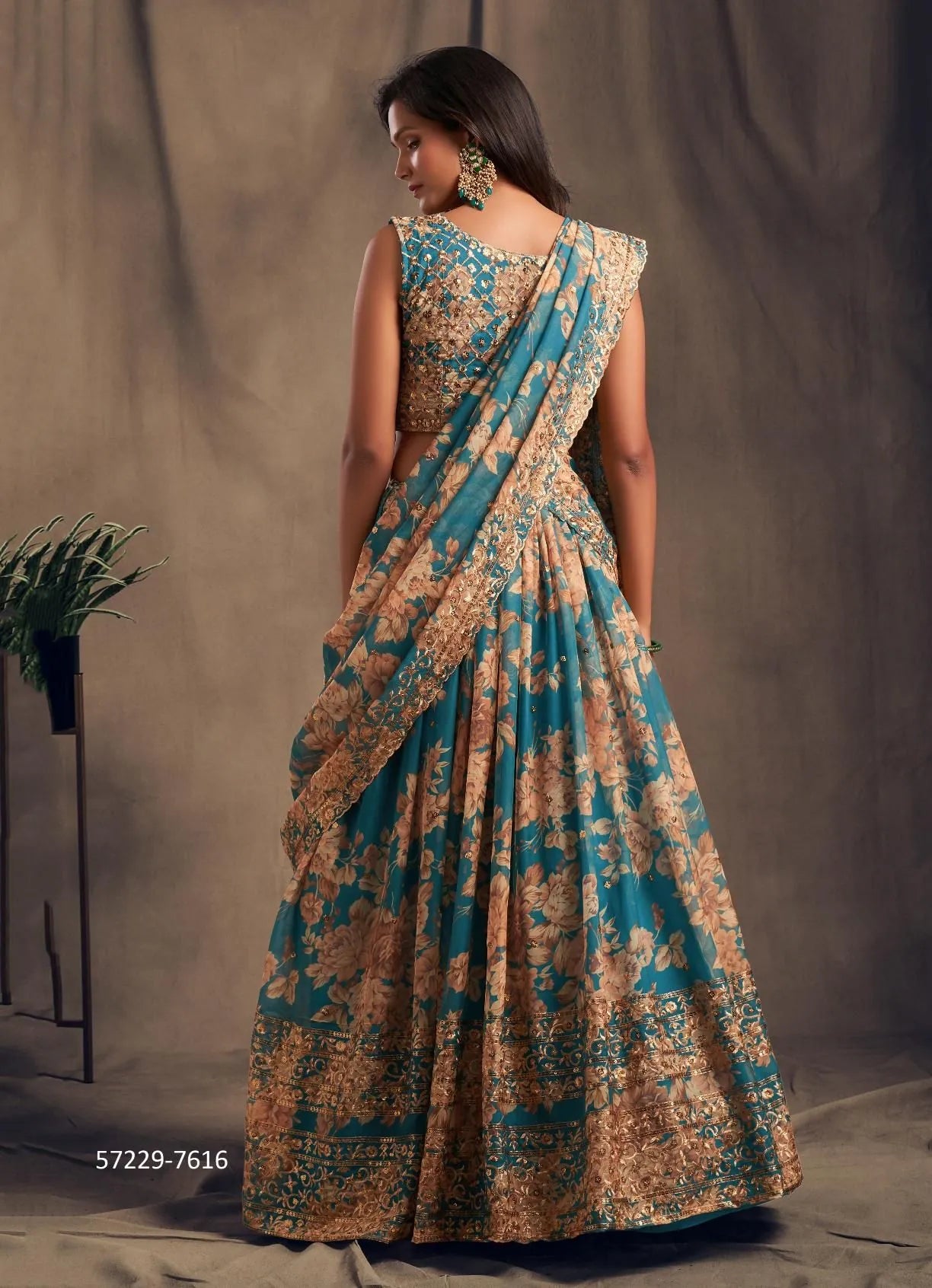 Teal Blue Organza Digitally Printed Party-Wear Stylish Lehenga Choli