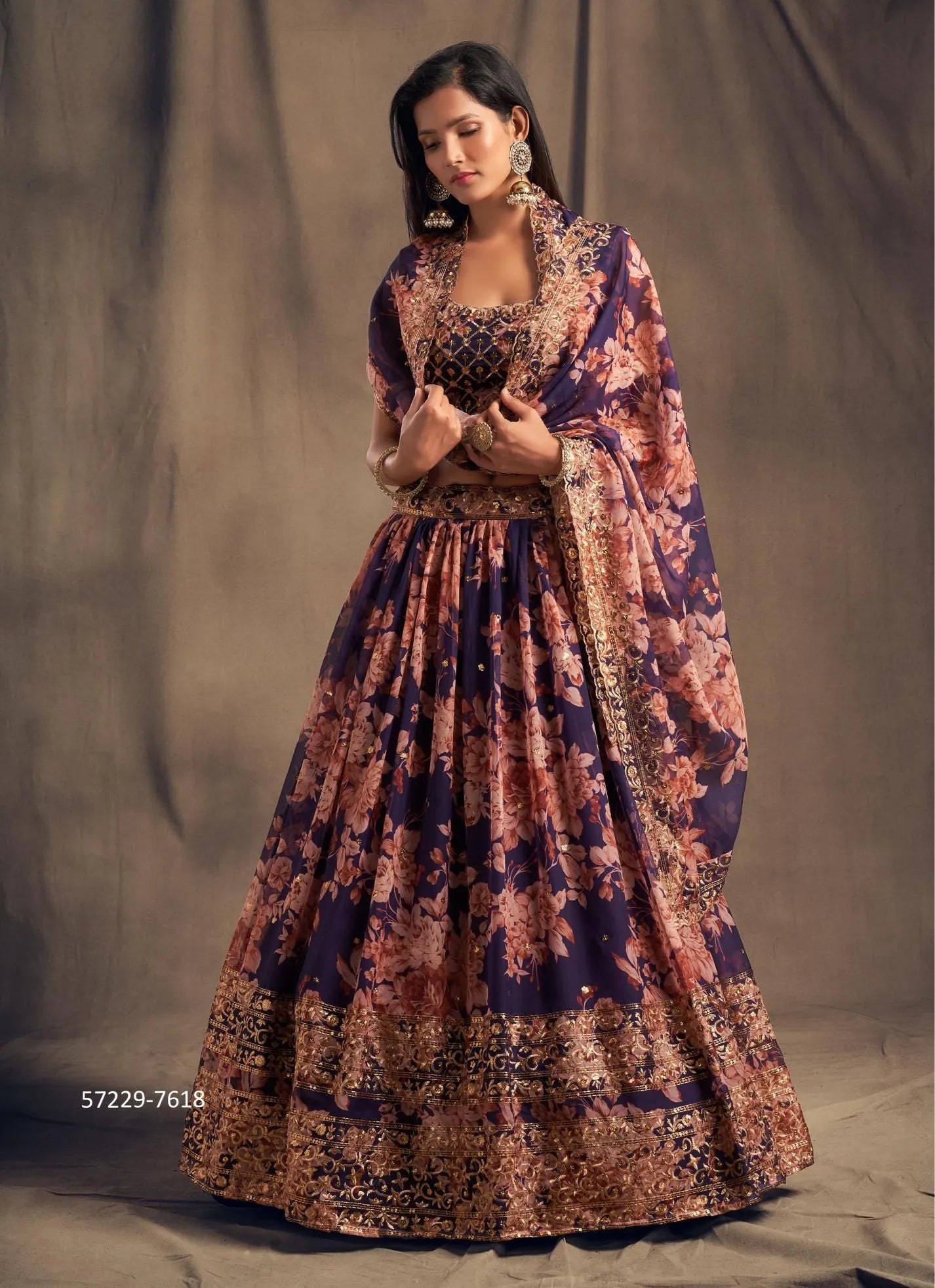 Violet Organza Digitally Printed Party-Wear Stylish Lehenga Choli