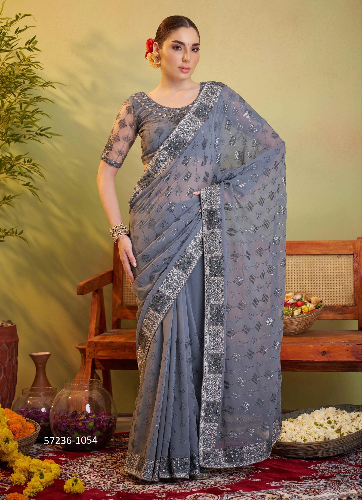 Steel Blue Georgette Embroidered Festive-Wear Desi Saree