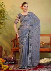 Steel Blue Georgette Embroidered Festive-Wear Desi Saree