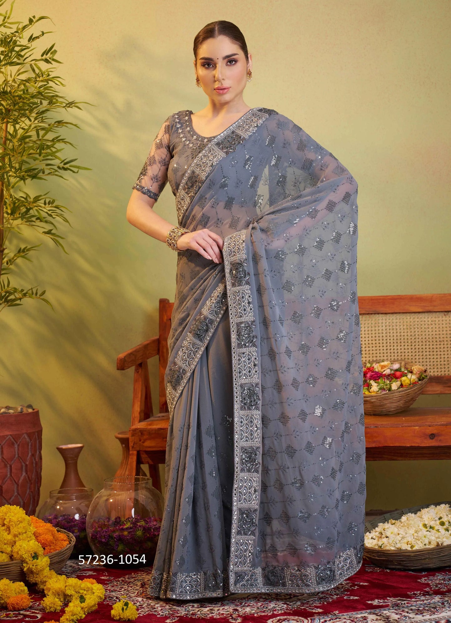 Steel Blue Georgette Embroidered Festive-Wear Desi Saree