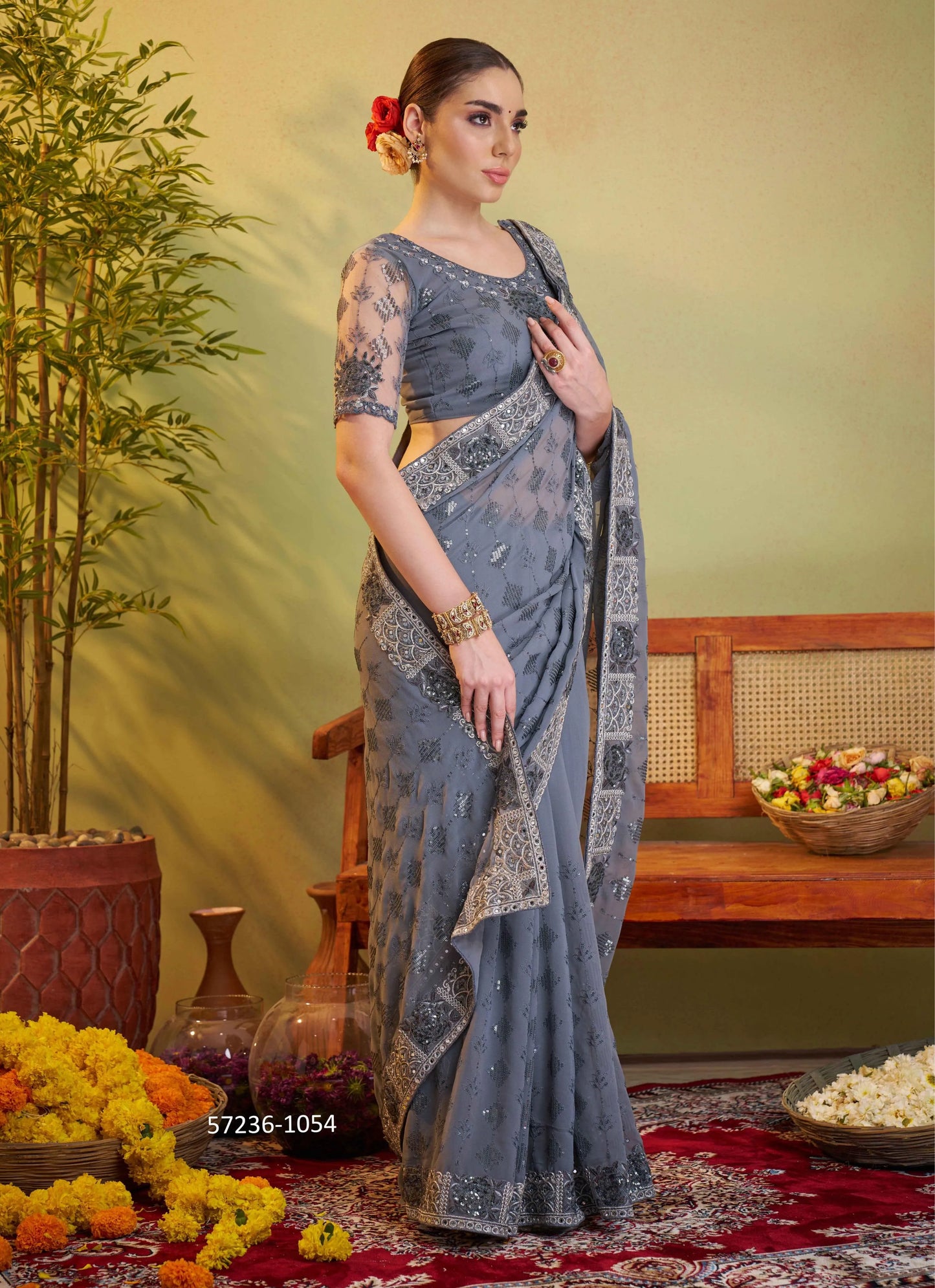 Steel Blue Georgette Embroidered Festive-Wear Desi Saree