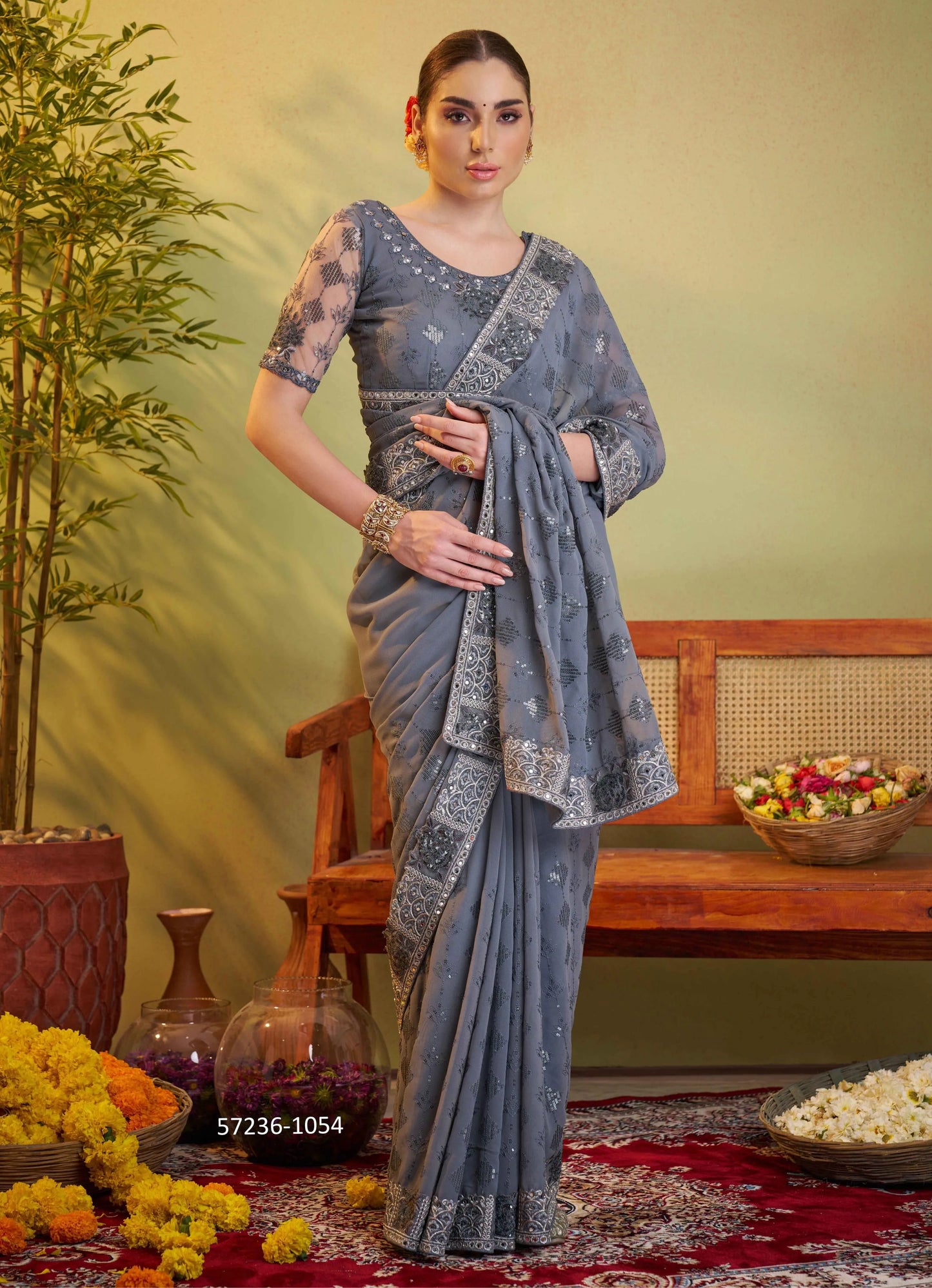 Steel Blue Georgette Embroidered Festive-Wear Desi Saree