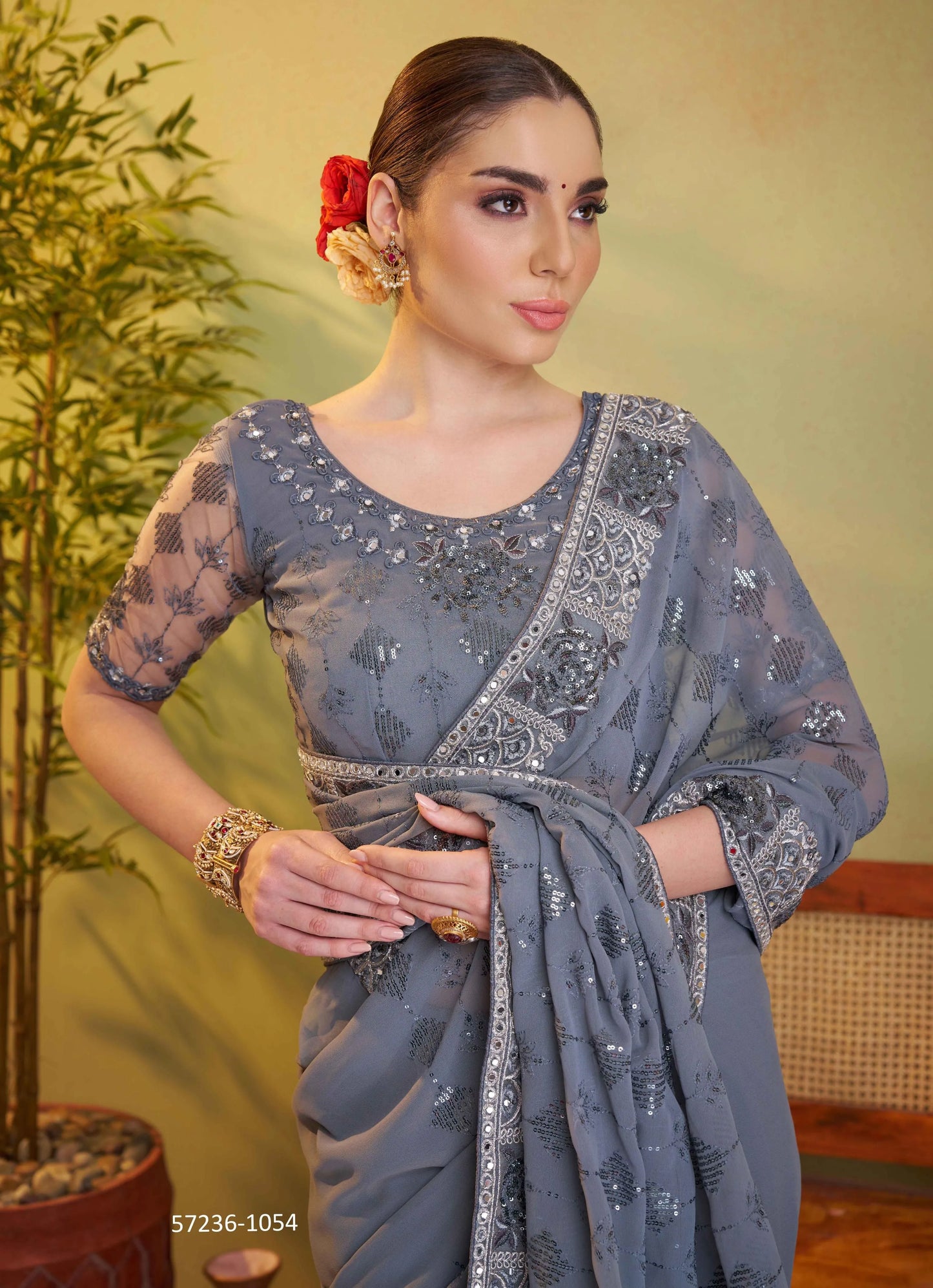 Steel Blue Georgette Embroidered Festive-Wear Desi Saree