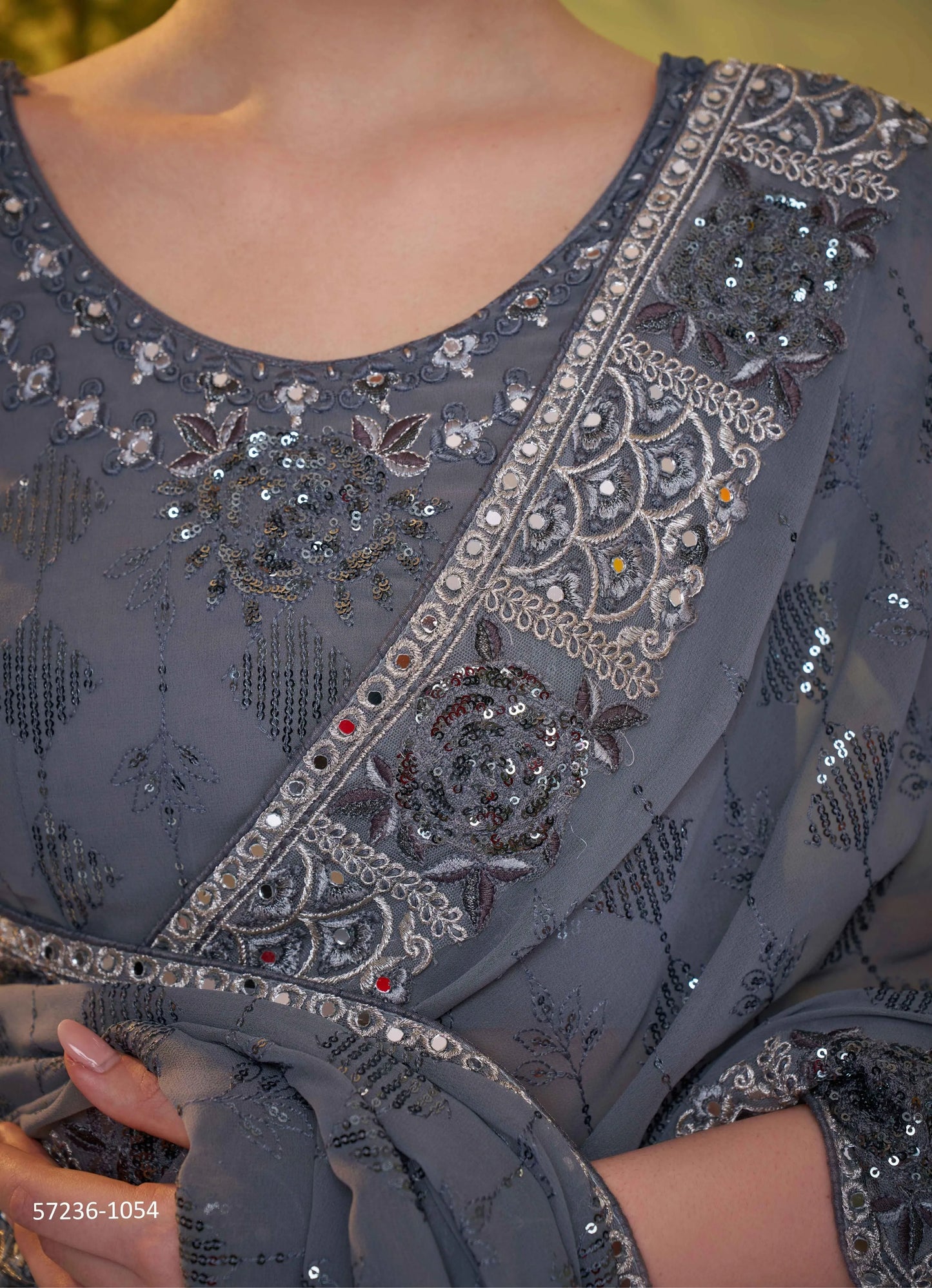 Steel Blue Georgette Embroidered Festive-Wear Desi Saree
