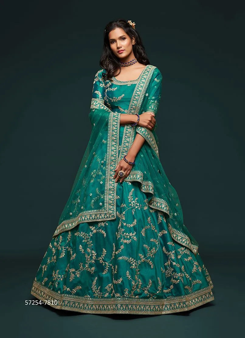 Teal Blue Art Silk Embroidered Party-Wear Traditional Lehenga Choli