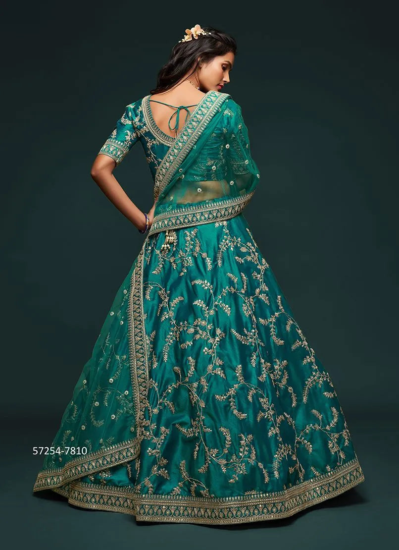 Teal Blue Art Silk Embroidered Party-Wear Traditional Lehenga Choli