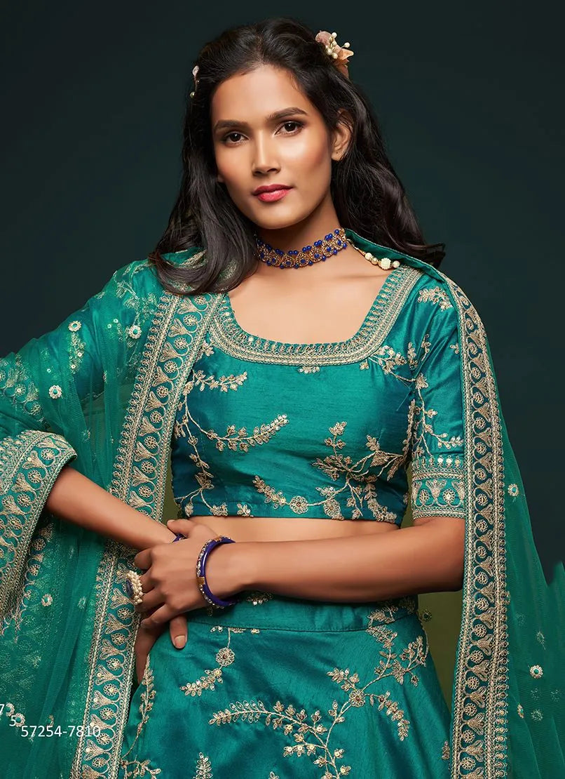 Teal Blue Art Silk Embroidered Party-Wear Traditional Lehenga Choli