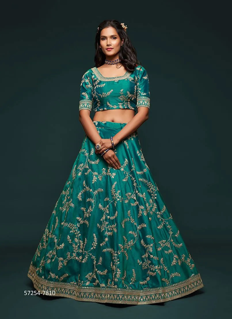 Teal Blue Art Silk Embroidered Party-Wear Traditional Lehenga Choli
