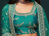 Teal Blue Art Silk Embroidered Party-Wear Traditional Lehenga Choli