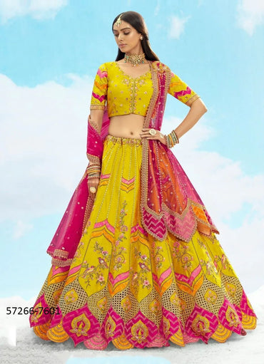 Yellow Silk Handworked Wedding-Wear Stylish Lehenga Choli
