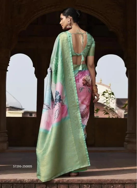 Sea Green Handloom Silk Floral Digitally Printed Party-Wear Saree