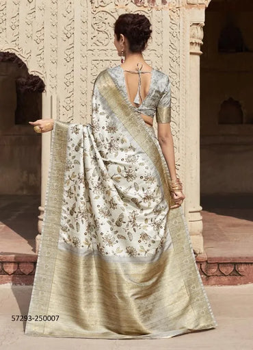 White Handloom Silk Floral Digitally Printed Party-Wear Saree