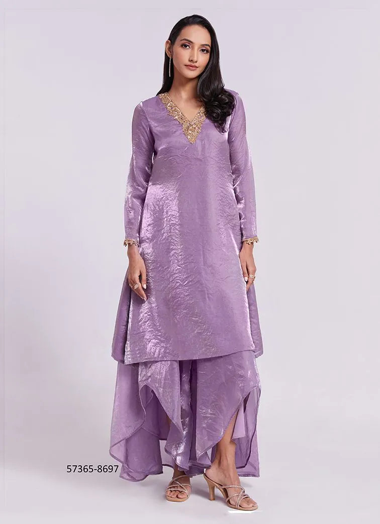 Lavender and Light Green Pure Organza Handworked Wedding-Wear Readymade Designer Fusion Outfit