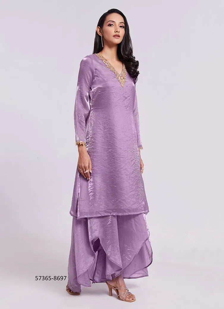 Lavender and Light Green Pure Organza Handworked Wedding-Wear Readymade Designer Fusion Outfit