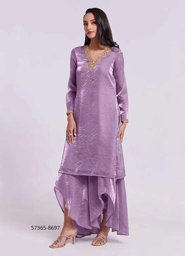 Lavender and Light Green Pure Organza Handworked Wedding-Wear Readymade Designer Fusion Outfit