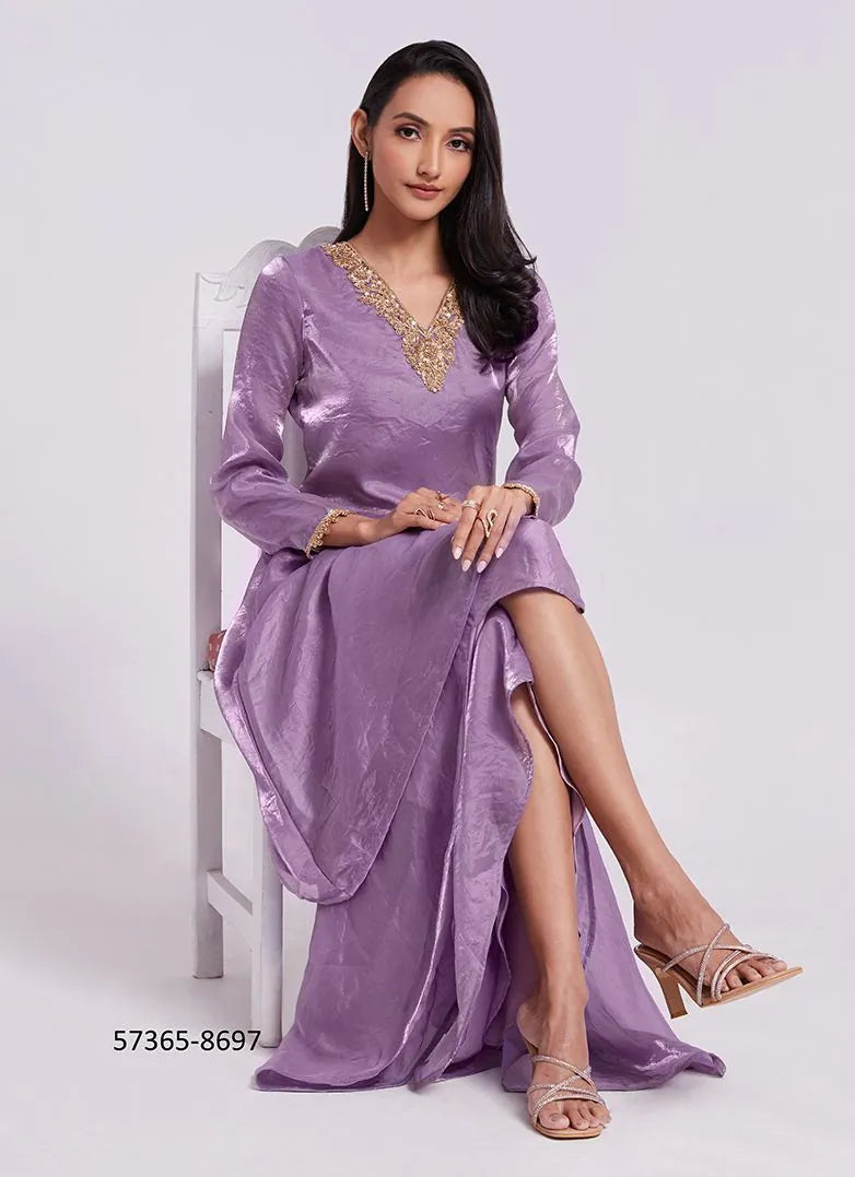 Lavender and Light Green Pure Organza Handworked Wedding-Wear Readymade Designer Fusion Outfit