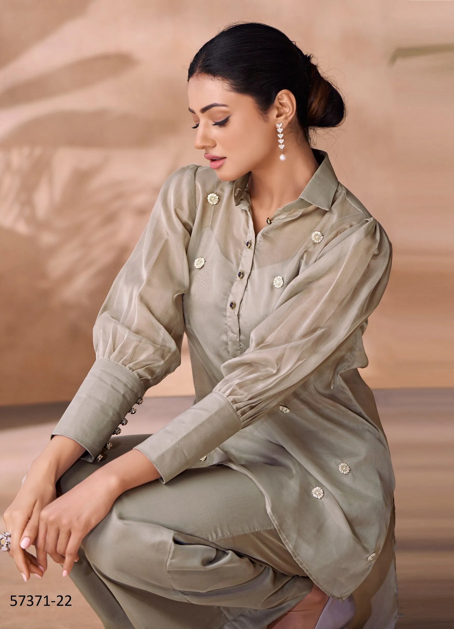 Gray Organza Handworked Party-Wear Readymade Designer Fusion Outfit