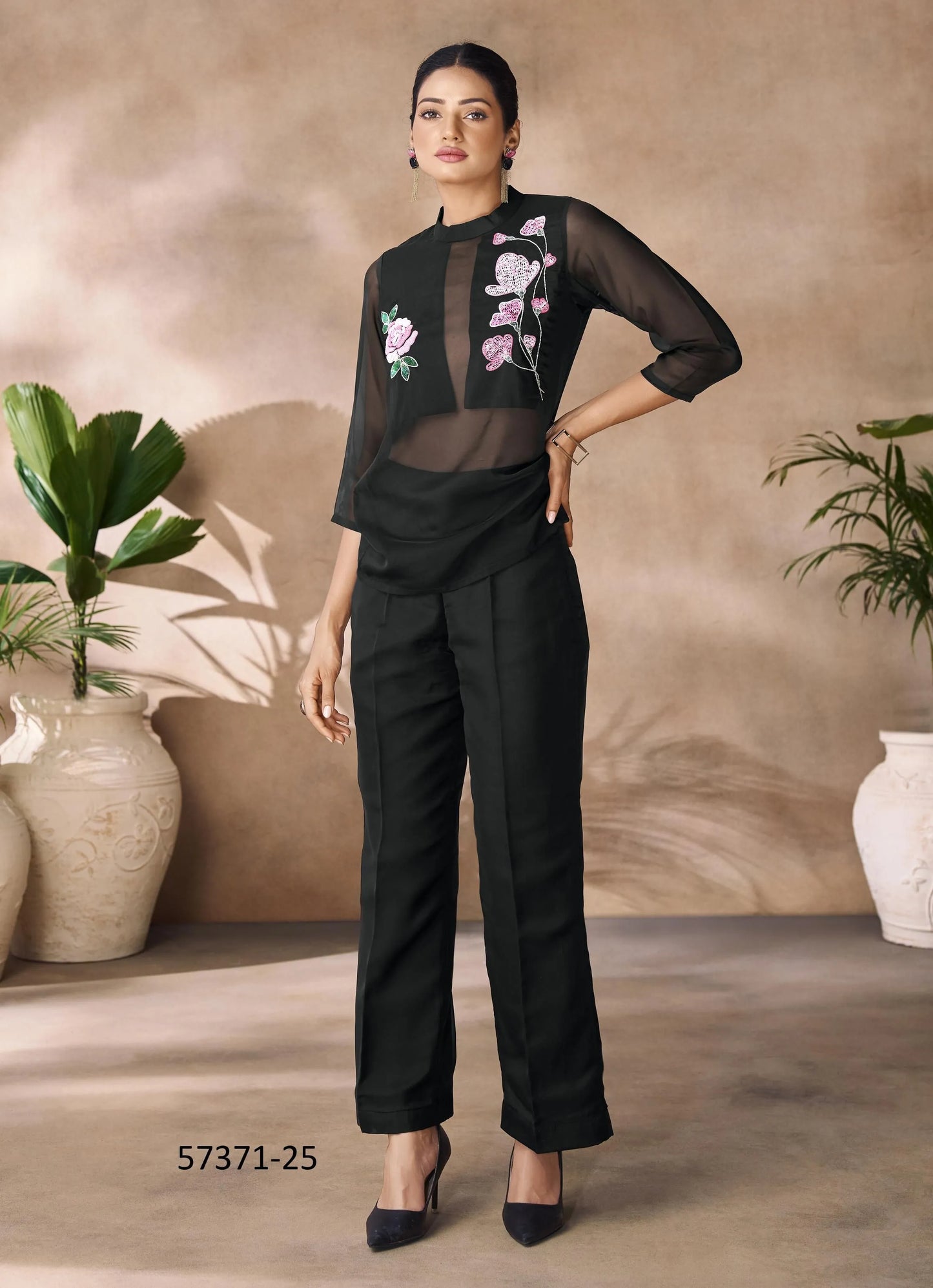 Black Organza Handworked Party-Wear Readymade Designer Fusion Outfit