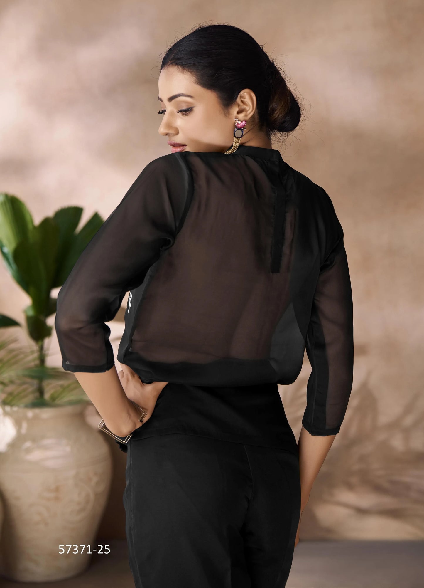 Black Organza Handworked Party-Wear Readymade Designer Fusion Outfit