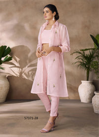 Pink Organza Handworked Party-Wear Readymade Designer Fusion Outfit