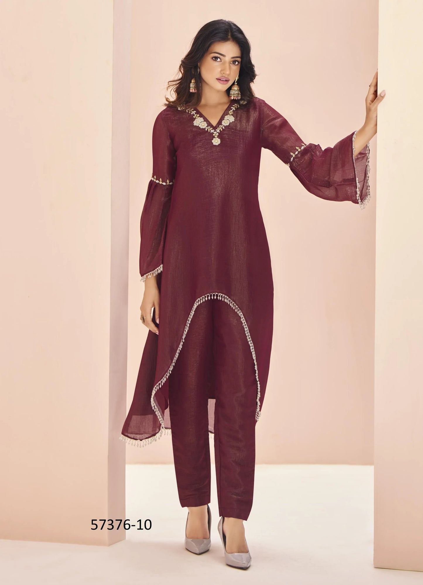 Wine Organza Handworked Party-Wear Readymade Designer Fusion Outfit