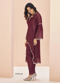 Wine Organza Handworked Party-Wear Readymade Designer Fusion Outfit