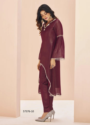 Wine Organza Handworked Party-Wear Readymade Designer Fusion Outfit