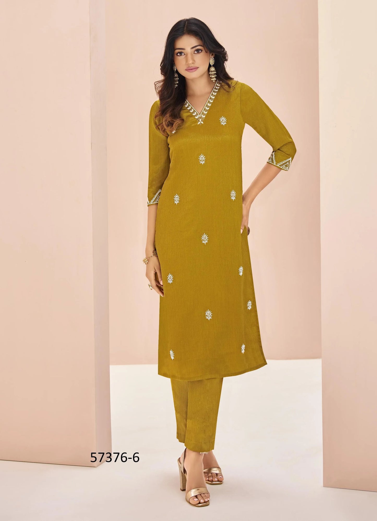 Mustard Yellow Chinon Handworked Party-Wear Readymade Designer Fusion Outfit