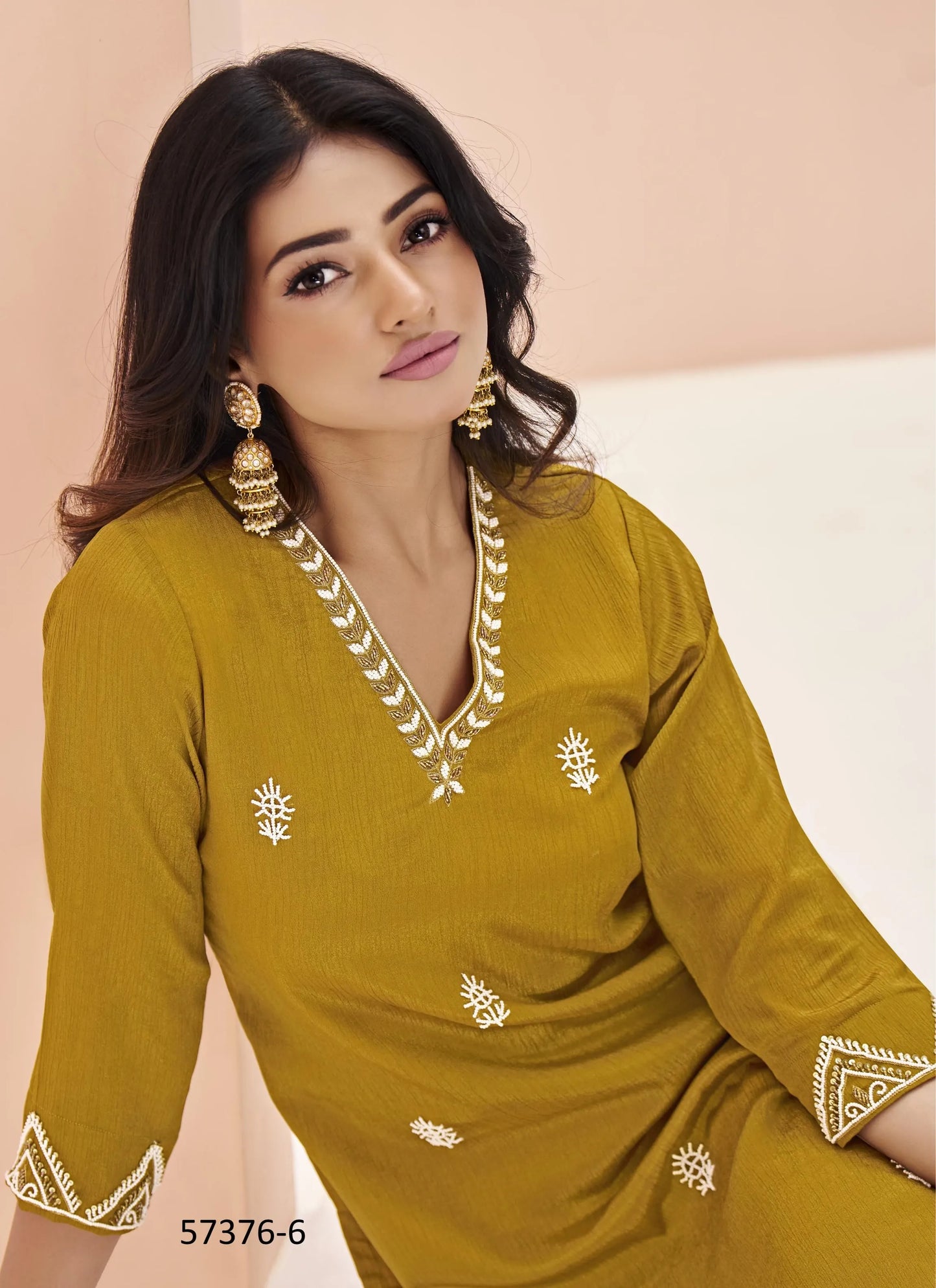 Mustard Yellow Chinon Handworked Party-Wear Readymade Designer Fusion Outfit