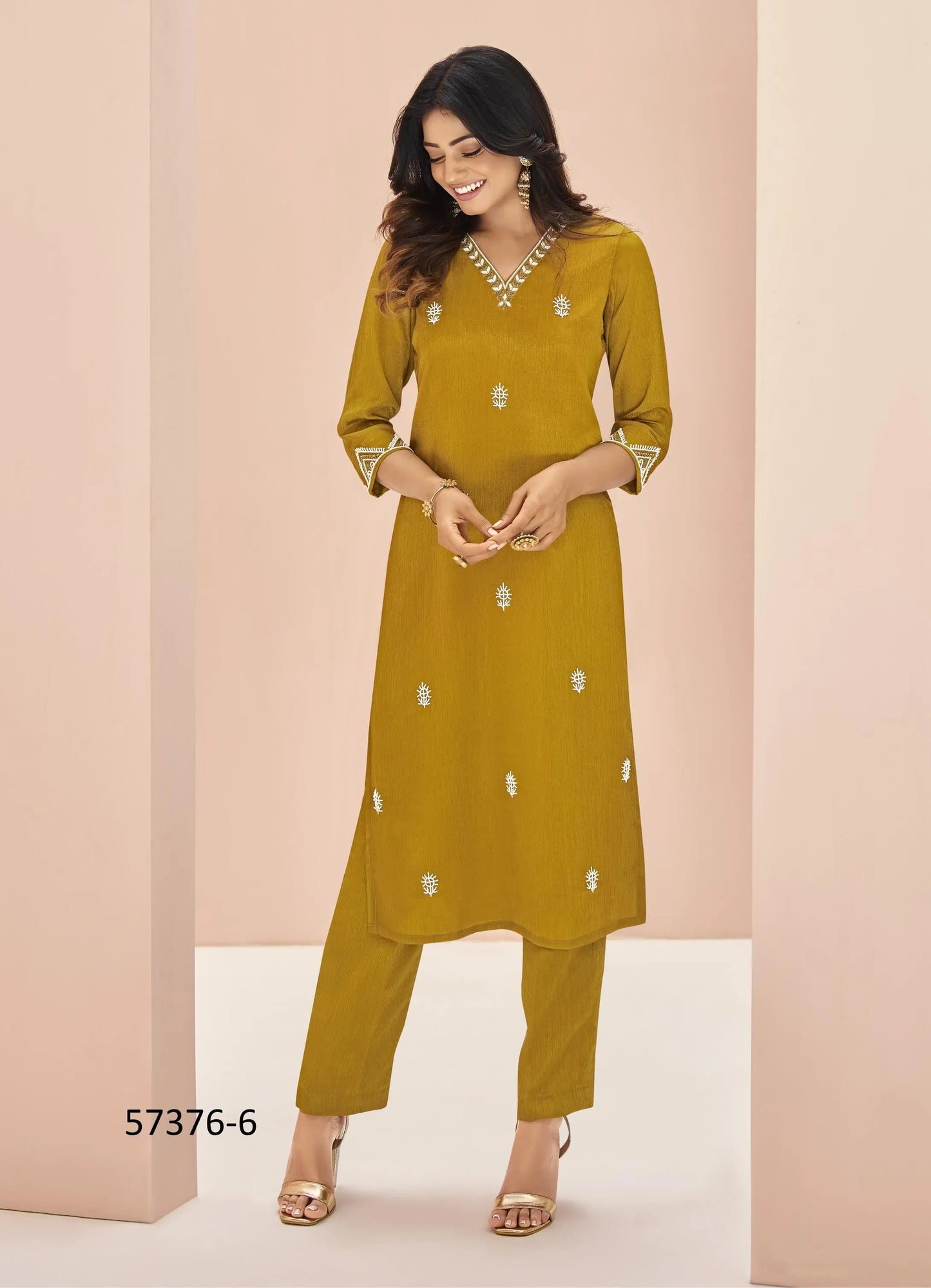 Mustard Yellow Chinon Handworked Party-Wear Readymade Designer Fusion Outfit