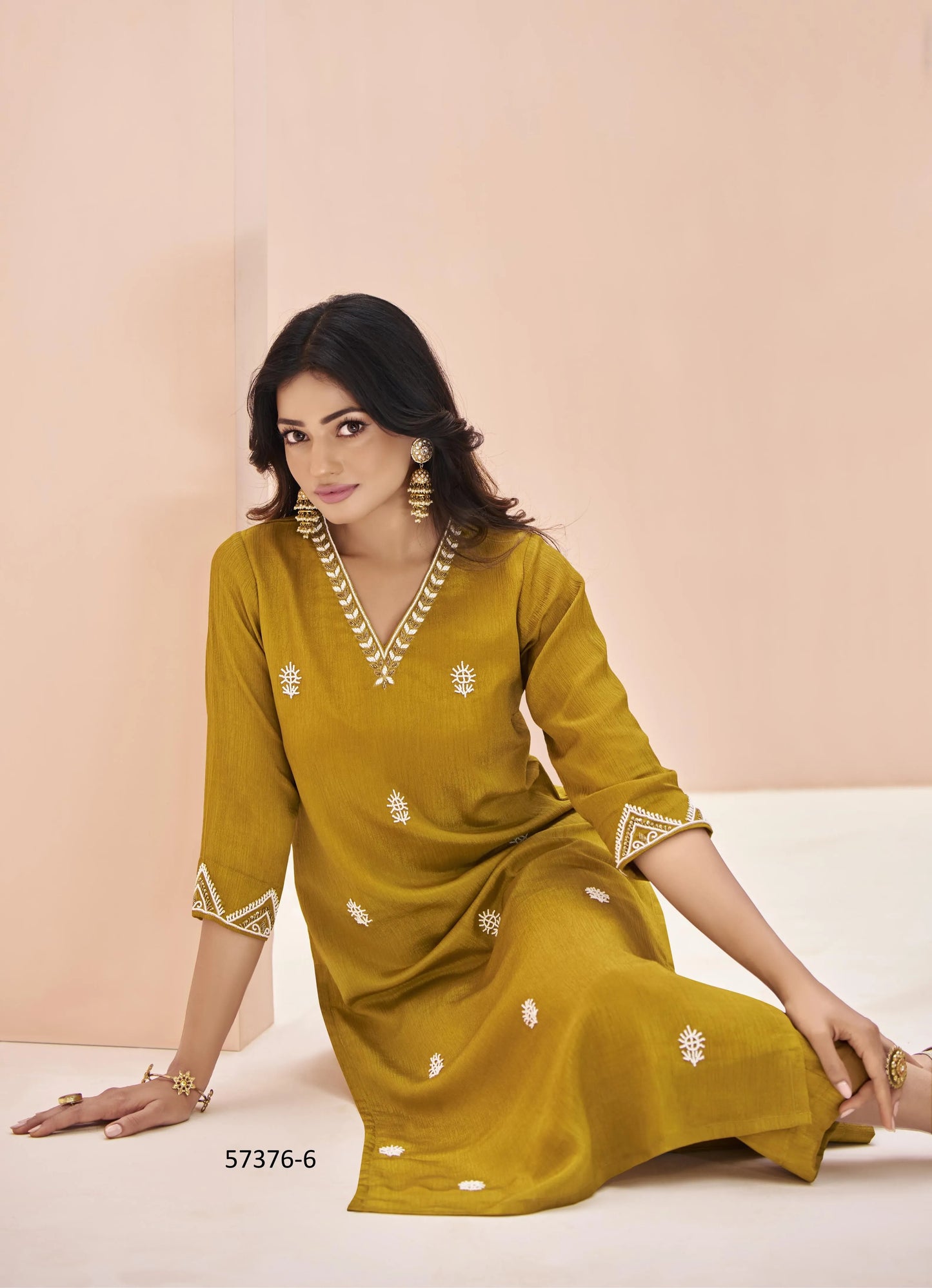 Mustard Yellow Chinon Handworked Party-Wear Readymade Designer Fusion Outfit