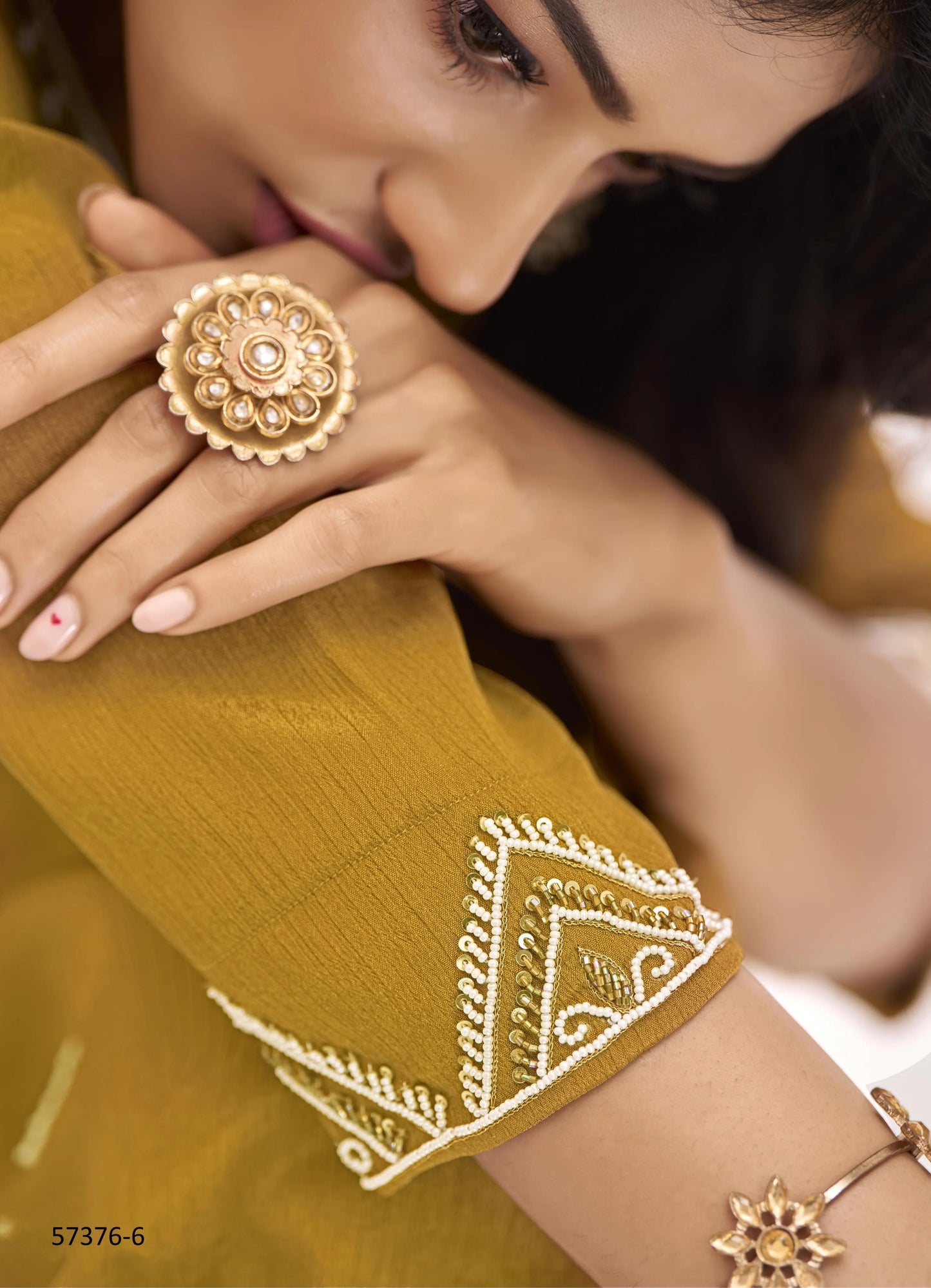 Mustard Yellow Chinon Handworked Party-Wear Readymade Designer Fusion Outfit