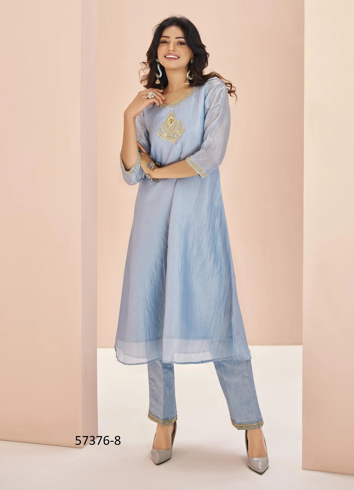 Light Blue Organza Handworked Party-Wear Readymade Designer Fusion Outfit