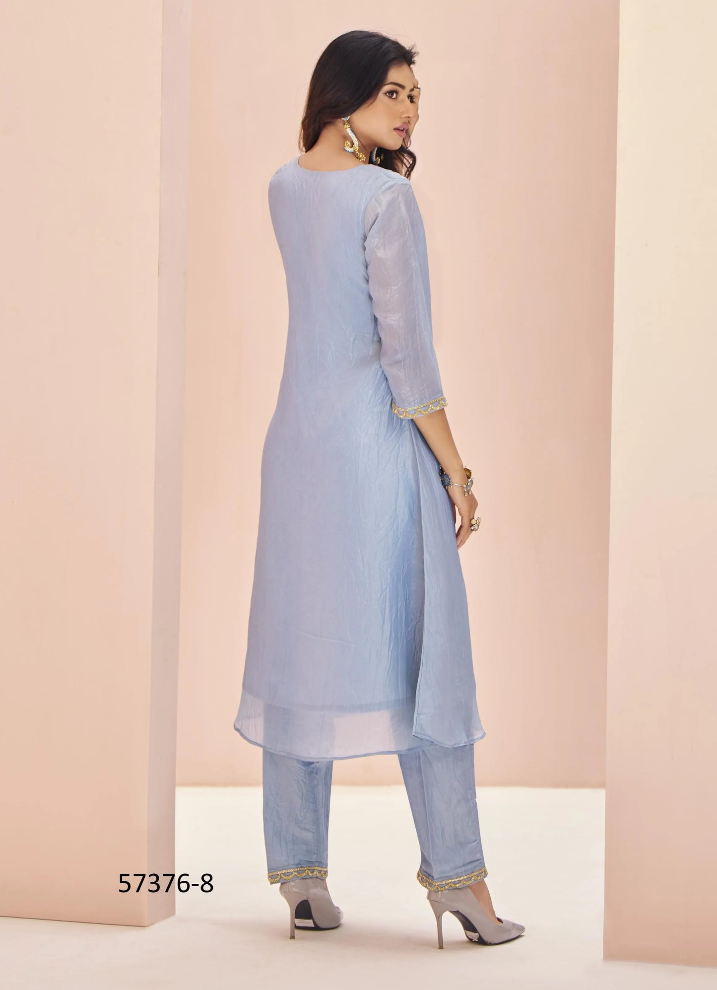 Light Blue Organza Handworked Party-Wear Readymade Designer Fusion Outfit