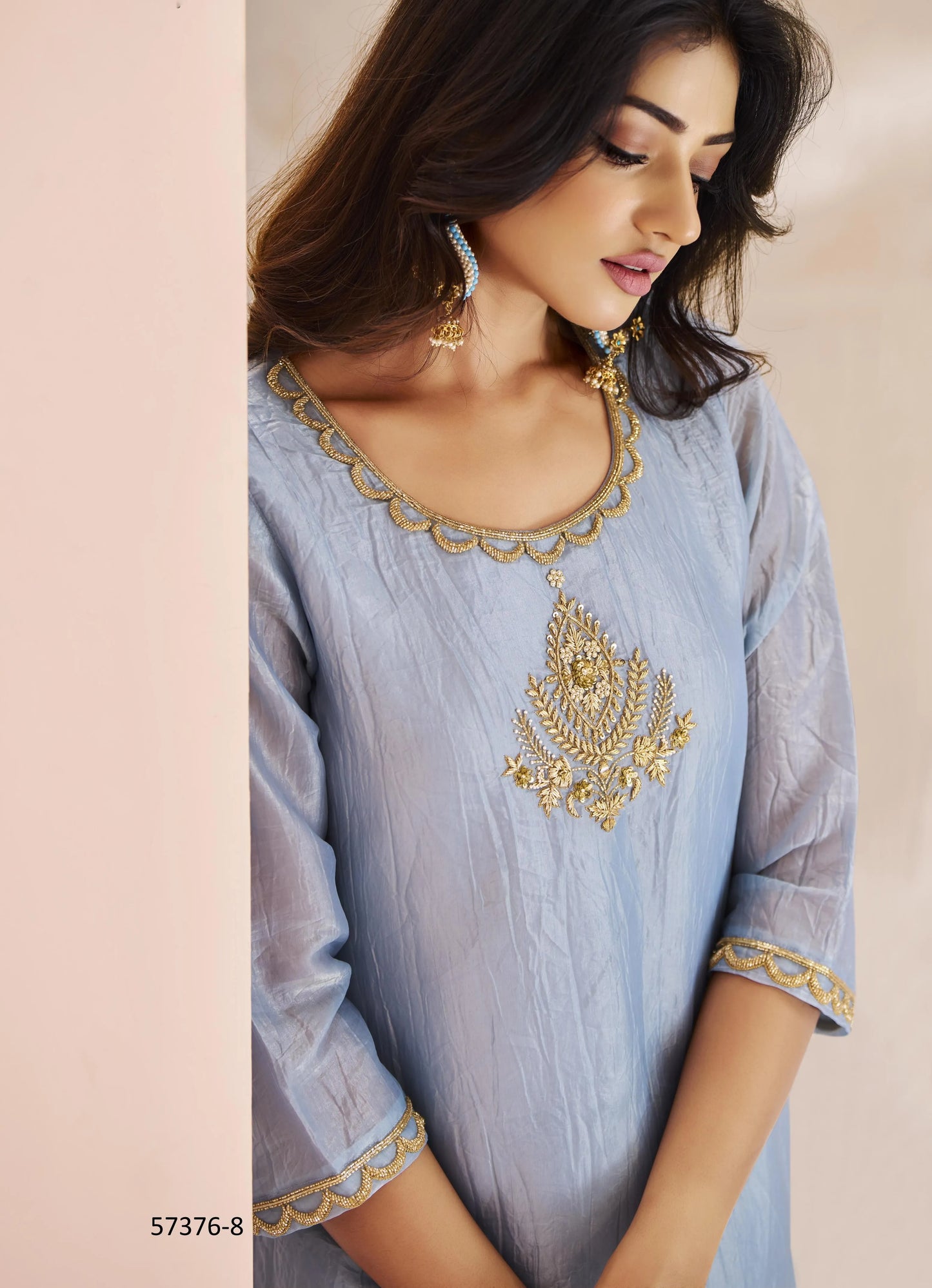 Light Blue Organza Handworked Party-Wear Readymade Designer Fusion Outfit
