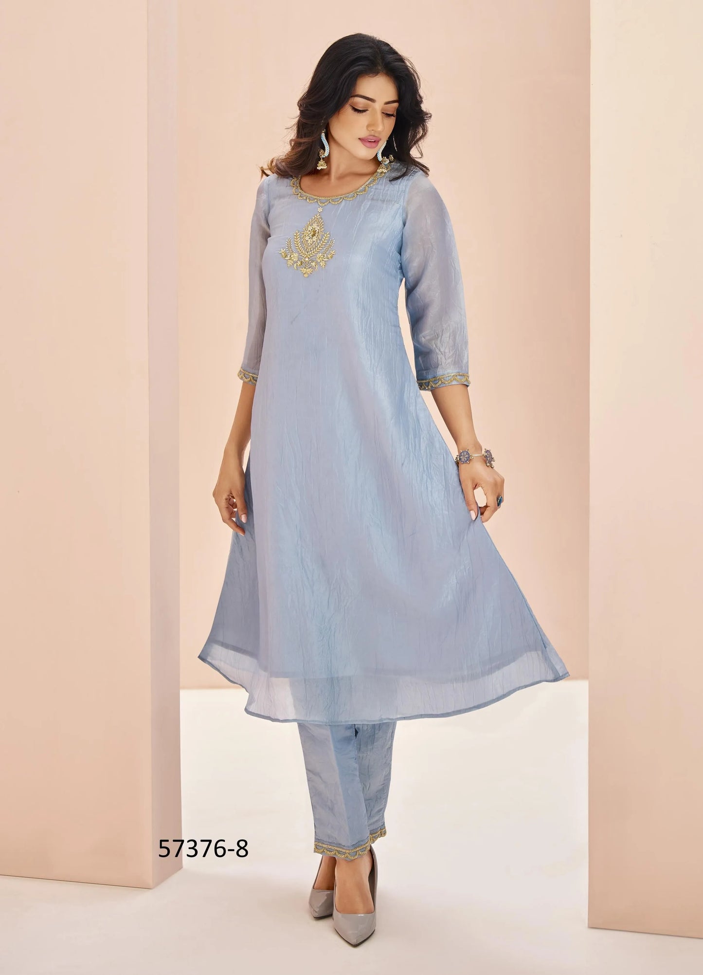 Light Blue Organza Handworked Party-Wear Readymade Designer Fusion Outfit