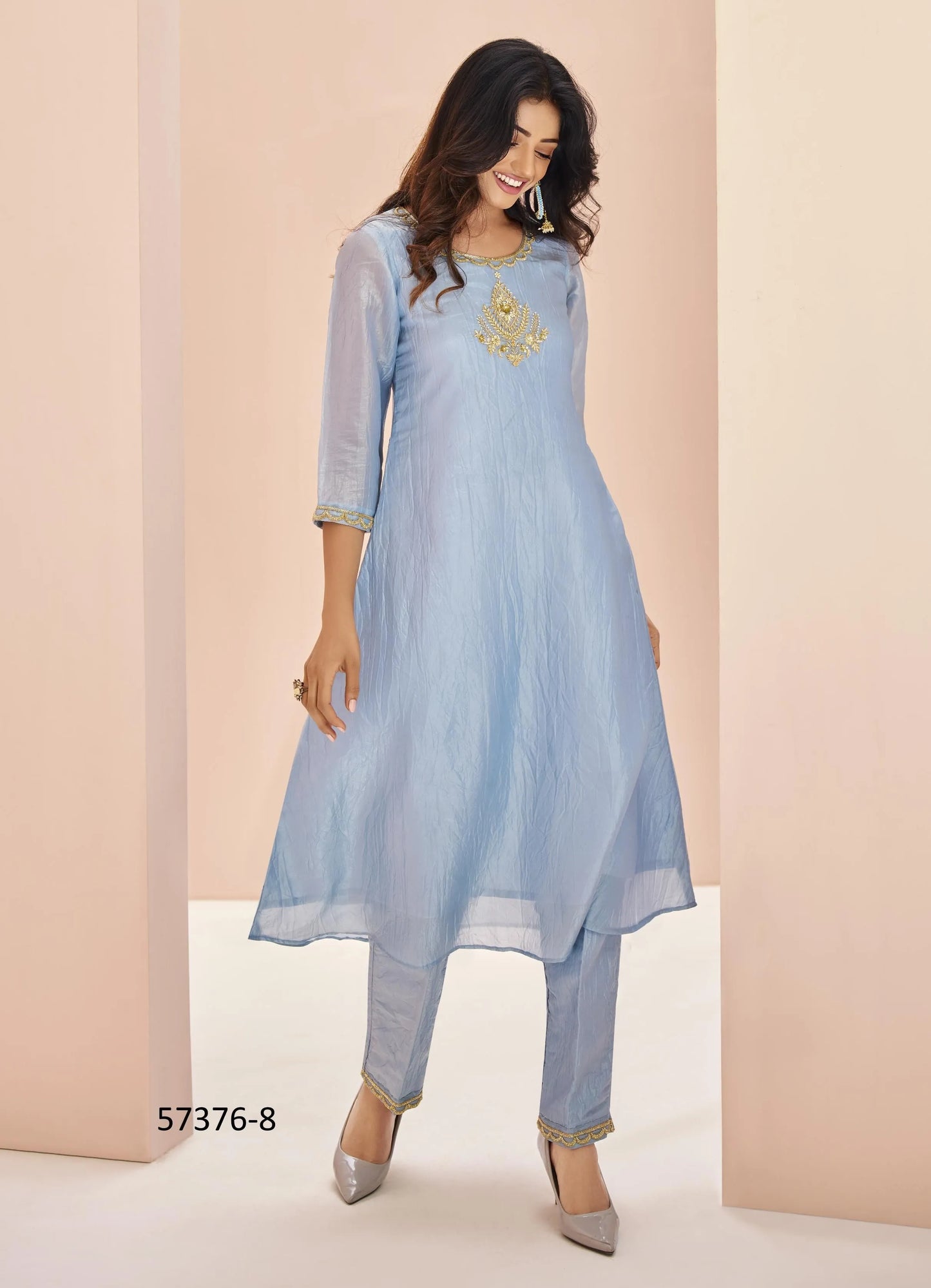 Light Blue Organza Handworked Party-Wear Readymade Designer Fusion Outfit